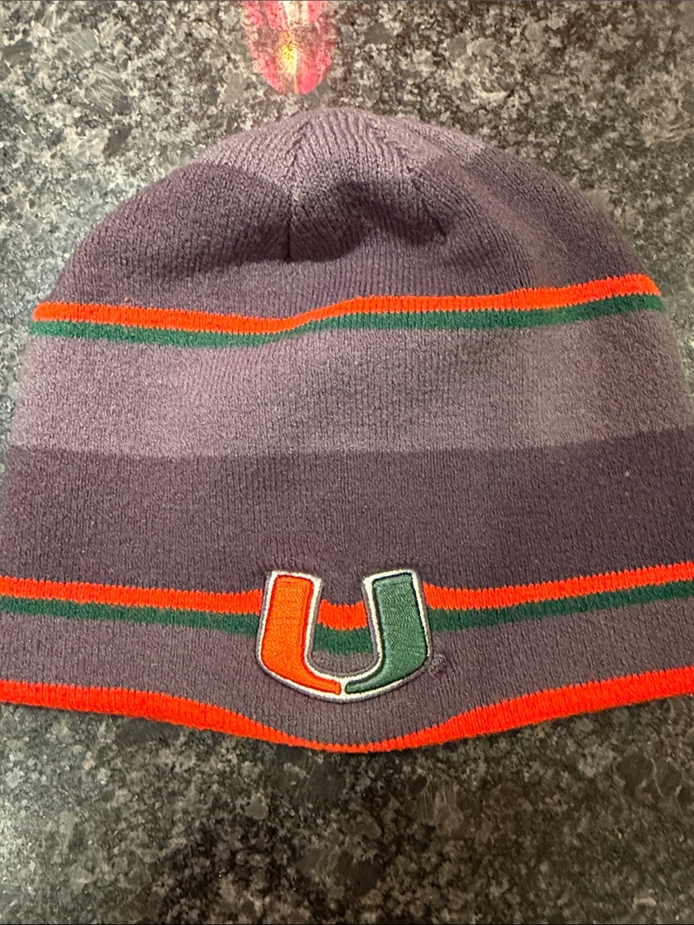 Nike Men's University of Miami U Knit Beanie in Gray with Orange & Green Stripes